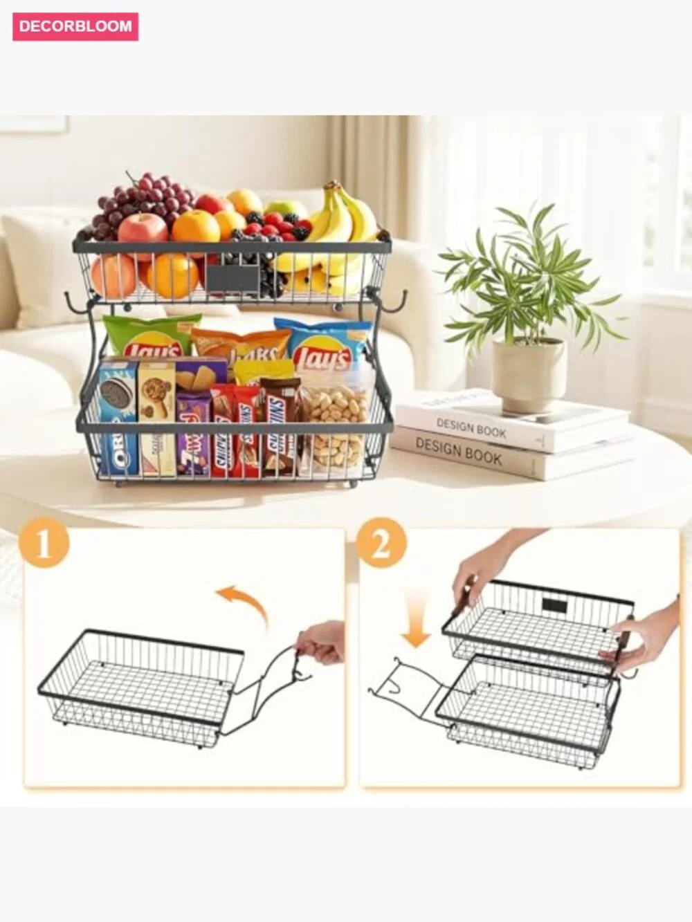 2-Tier Stackable Wire Basket with Banana Hooks, Pantry Organizer for Kitchen